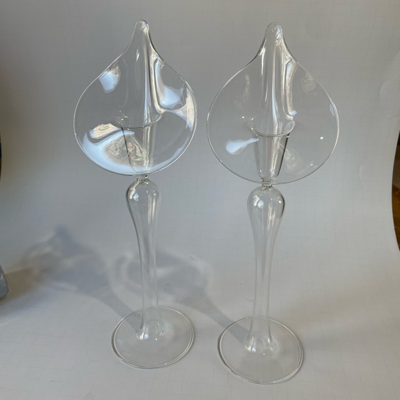 Vintage hand blown Calla Lilly glass candle holders clear Jack in the Pulpit S/2 - Picture 6 of 10